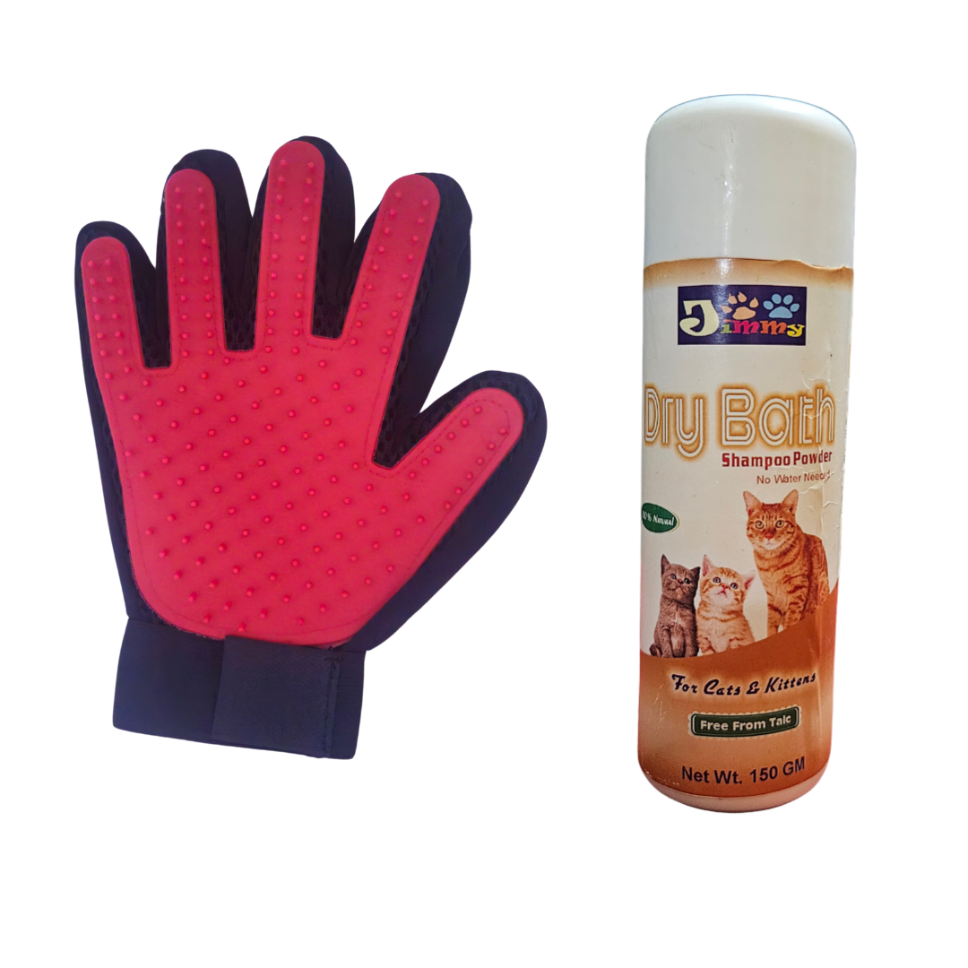Deshedding Gloves & Jimmy Dry Shampoo for Cats Combo – Efficient Pet Grooming Gloves for Shedding, Easy Waterless Bath, Soft Massage Mitt for Cats, Deodorizing & Fur Removal – Cat Grooming Kit