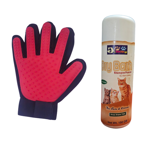Deshedding Gloves & Jimmy Dry Shampoo for Cats Combo – Efficient Pet Grooming Gloves for Shedding, Easy Waterless Bath, Soft Massage Mitt for Cats, Deodorizing & Fur Removal – Cat Grooming Kit