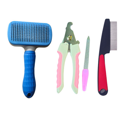 Pet Grooming Combo Set – Large Nail Trimmer, Flea Comb & Rectangular Slicker Brush for Dogs & Cats – Professional Nail Cutter, Flea Removal & Detangling Brush – Grooming Kit for Pet Care